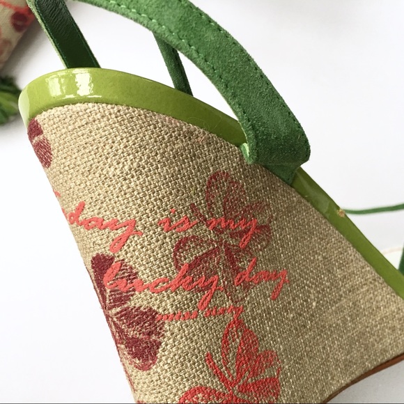 EUC Miss Sixty Green Ankle Tie Wedge Sandals - Picture 5 of 8